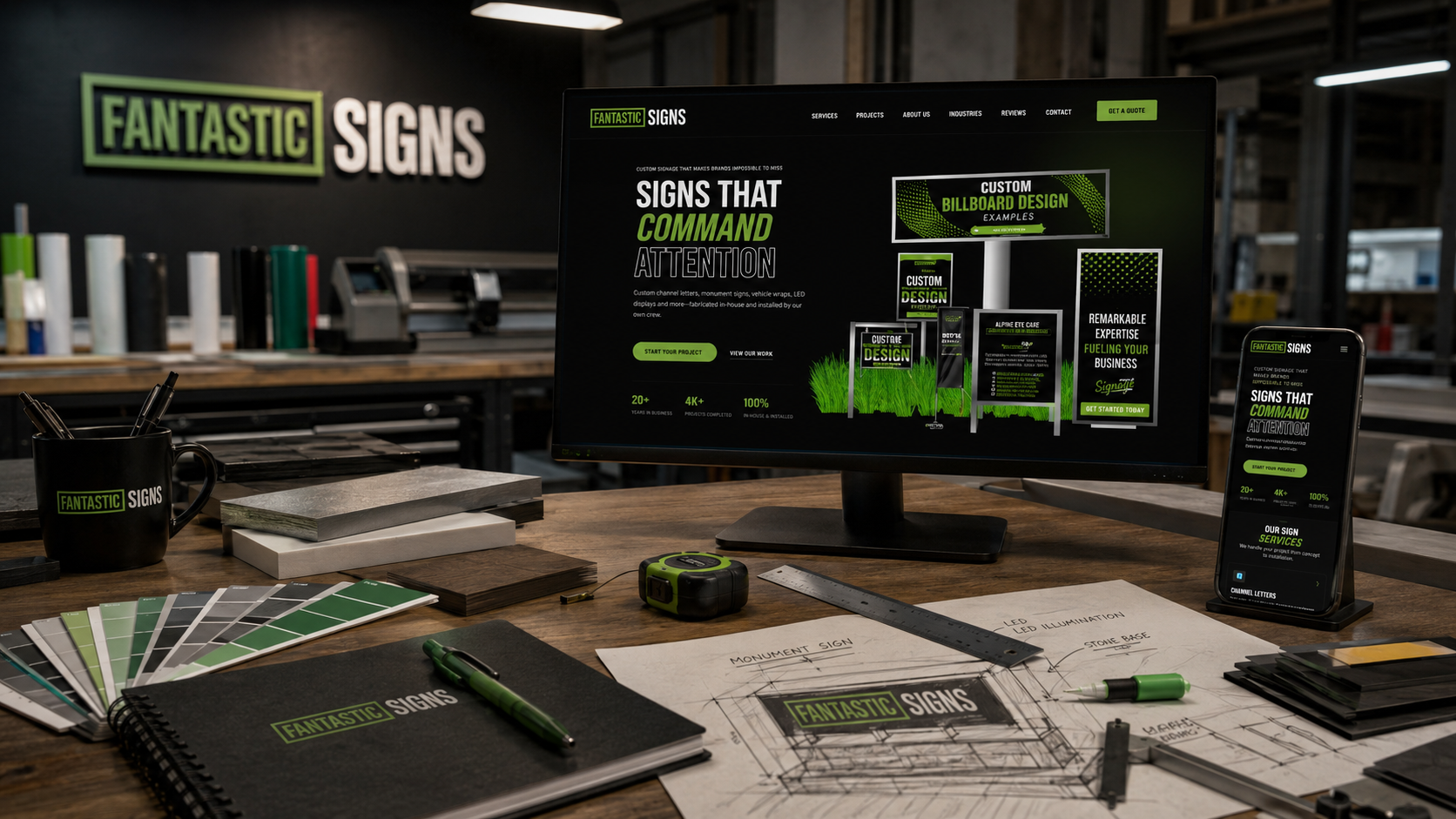 Fantastic Signs website on a shop monitor with phone view