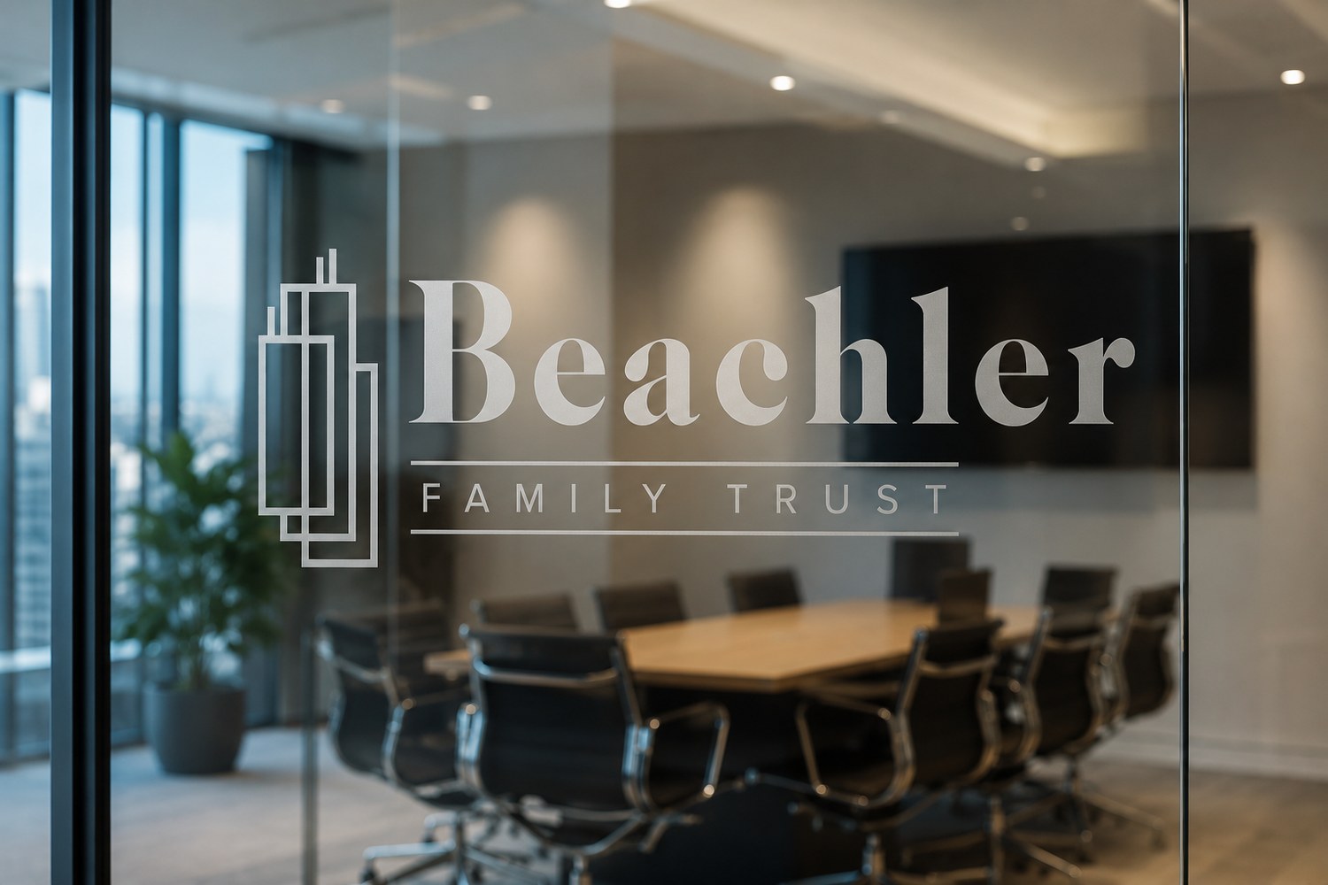 Beachler Family Trust logo etched on a glass conference-room wall